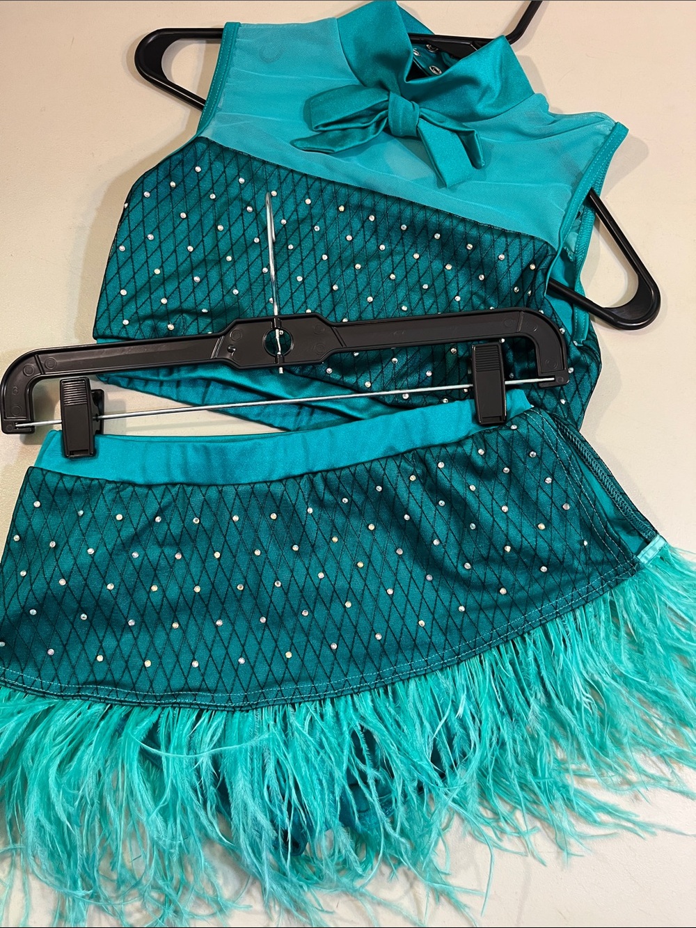 Weissman Teal Feathered Two-Piece Dance Set with Rhinestones